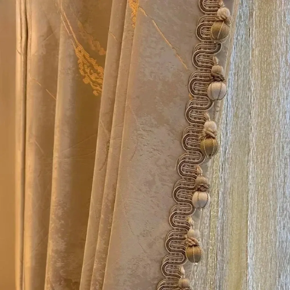 Customized Milk Tea Color Gold Silk Relief Reed Jacquard Blackout Curtains for Bedroom Living Room Villa French Window Balcony