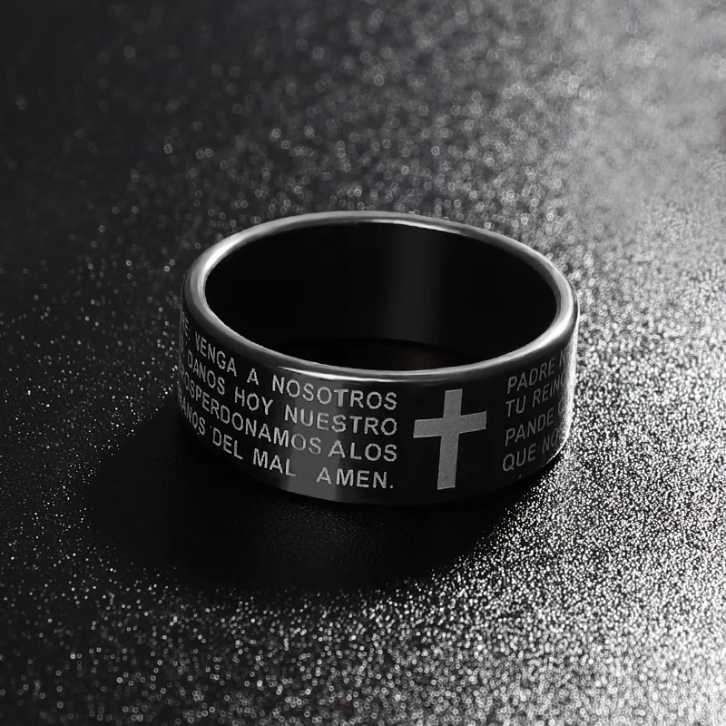 8MM Black Stainless Steel Jesus Bible Prayer Cross Stainless Steel Ring Christian Women\'s Ring Birthday Gift Jewelry