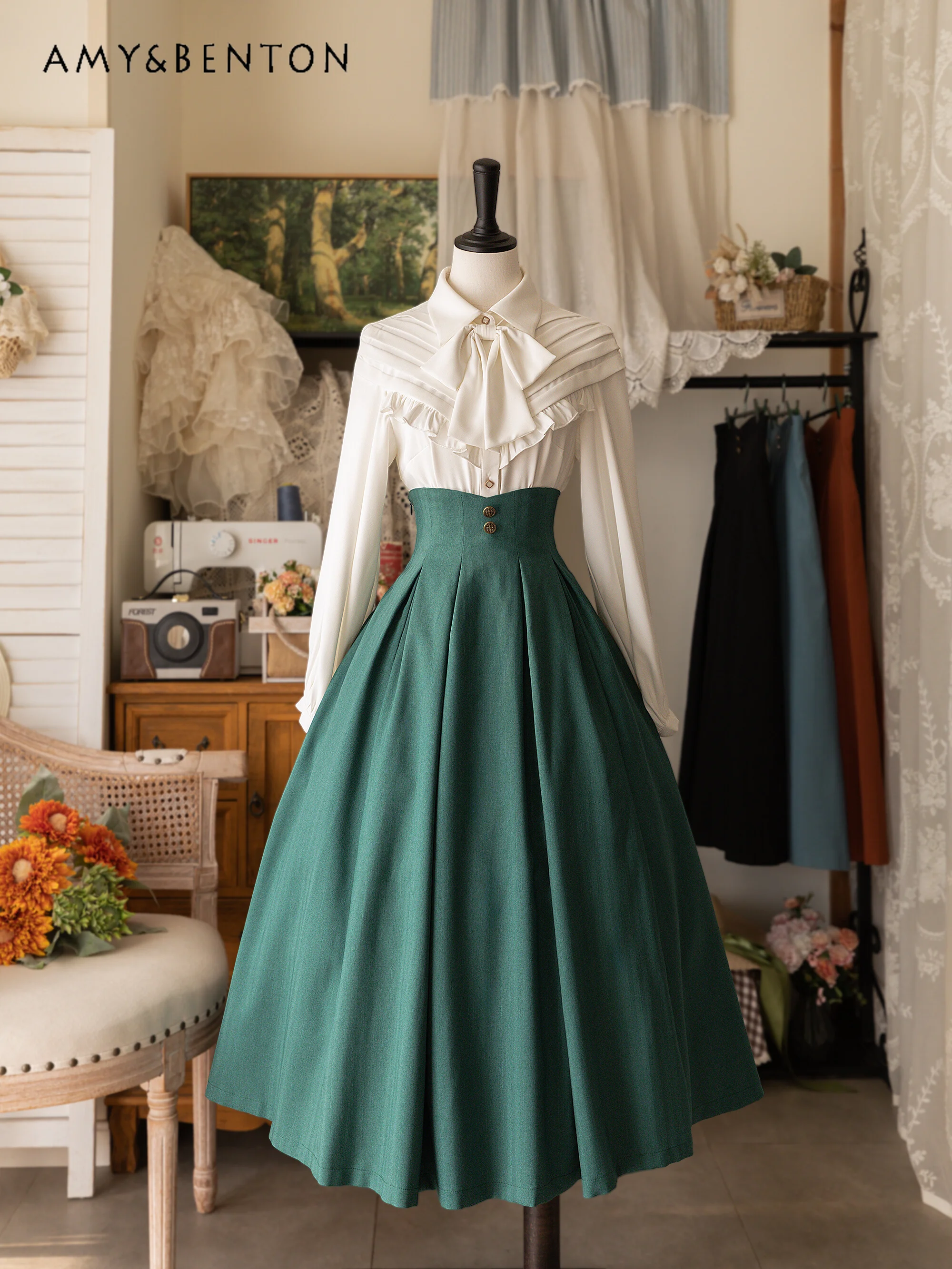 Saia retrô britânica de cintura alta feminina, graciosa saia lolita, saia midi-panturrilha fina, elegante e clássica, diária, primavera, todos os