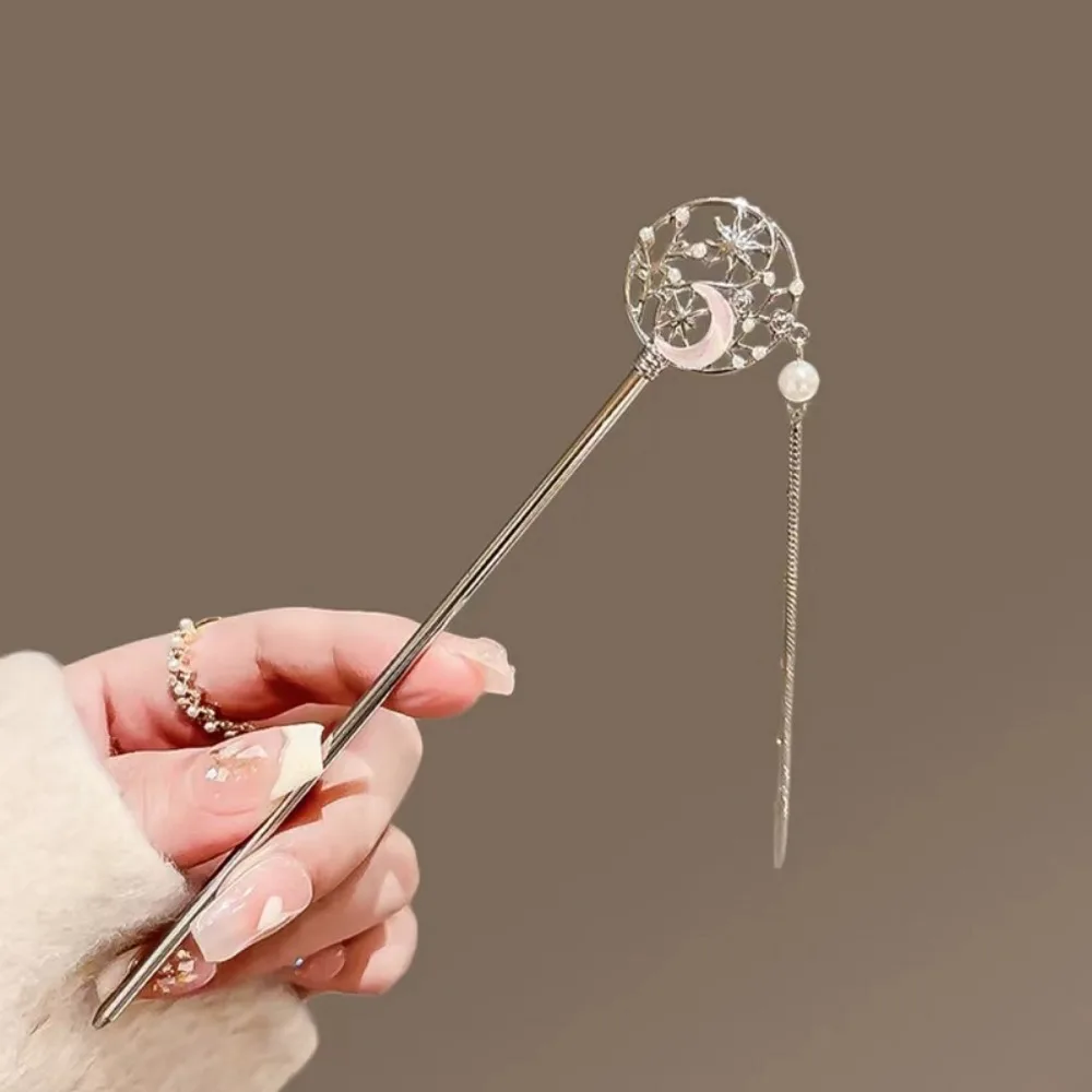 1pc Exquisite Fashion Imperial Moon Fan Hairpin Set Vintage Crescent Tassel Comb for Hanfu Qipao Metallic Braided Hair Jewelry