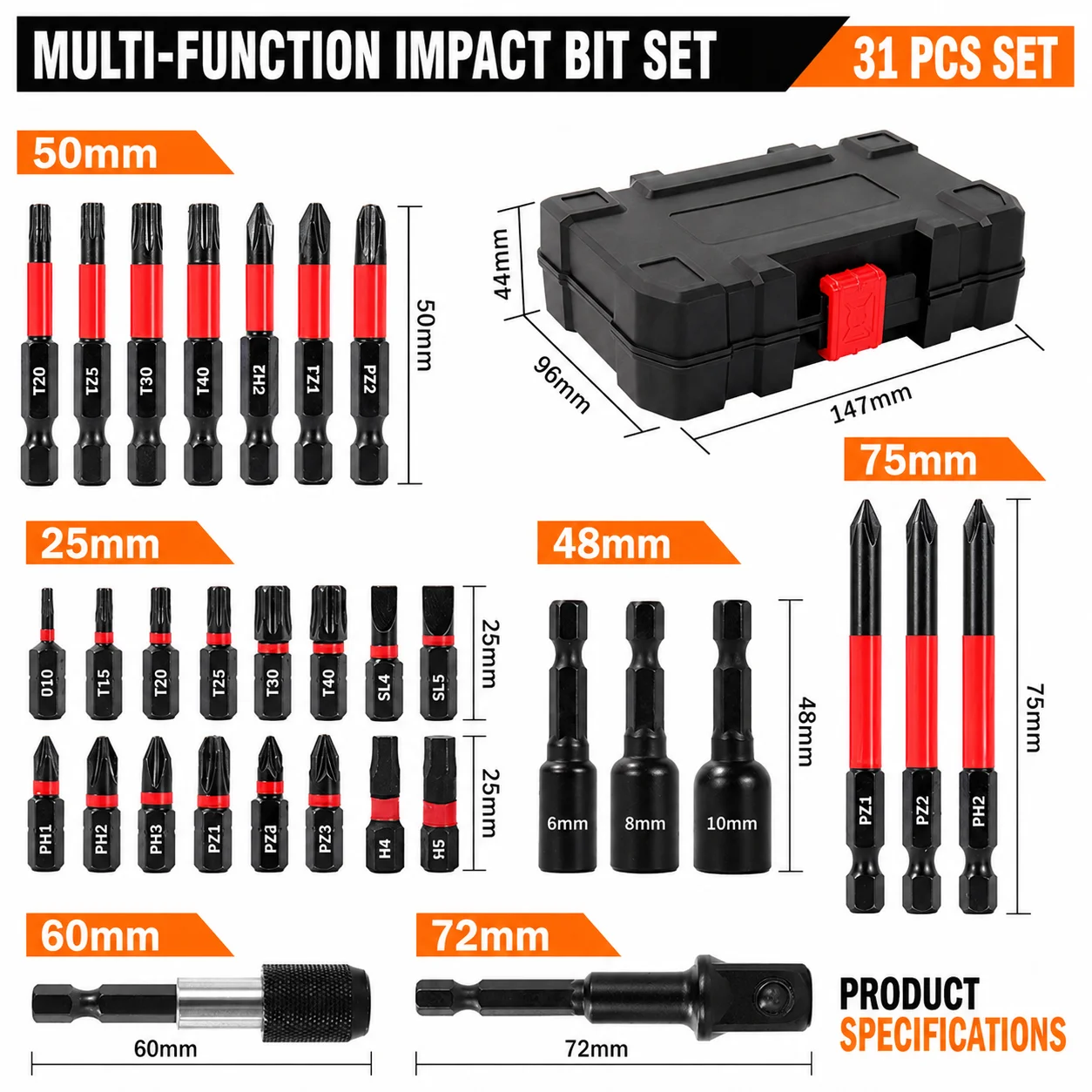 31PCS Impact Driver Bit Set 25mm 50mm 75mm Phillips PZ Hex Torx Screwdriver Bits Socket Adapter Power Drill Tool Kit