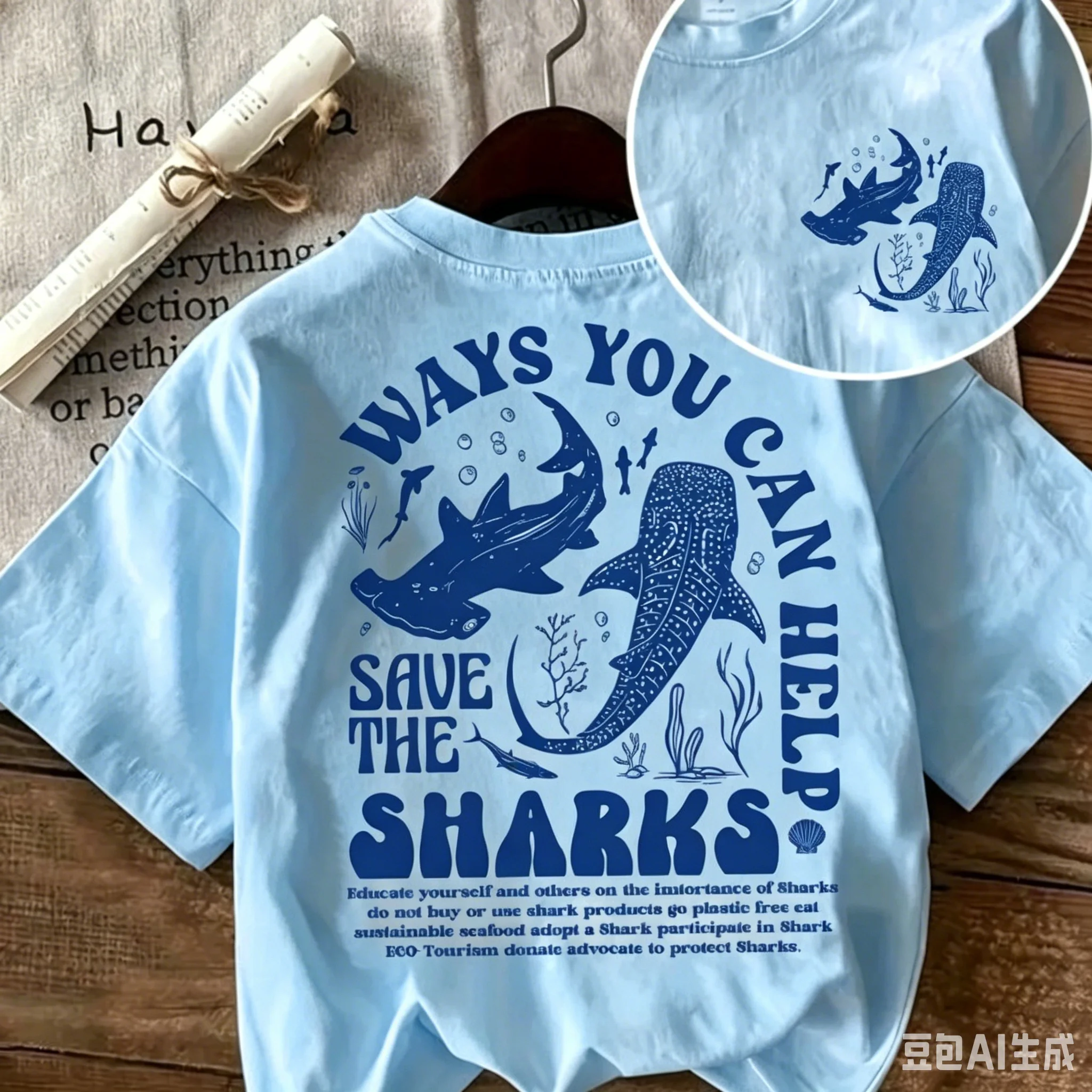 Öko-Ozean-Schutz Hai-T-Shirt für Herren, Damen und Kinder – Sommer 2025 Walhai-Print, locker geschnitten, Rundhals, Kurzarm – Save The Ocean Tee – Detail 2