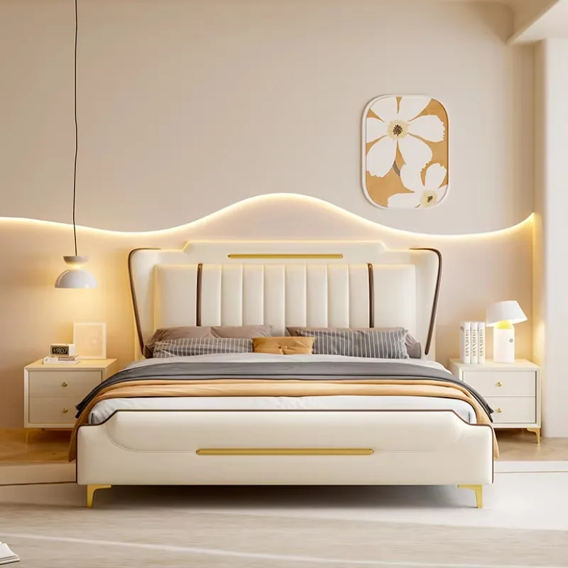 

High End Modern Bed Frame Storage Master European Faux Leather Wood Bed Frame Queen Princess Cama Matrimonial Home Furniture