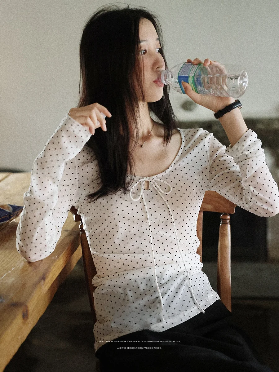 

Легкий женский топ Lalaglow Pokeman Miss с эффектом похудения, в горошек, весенний, французский стиль, приталенный, для повседневной носки