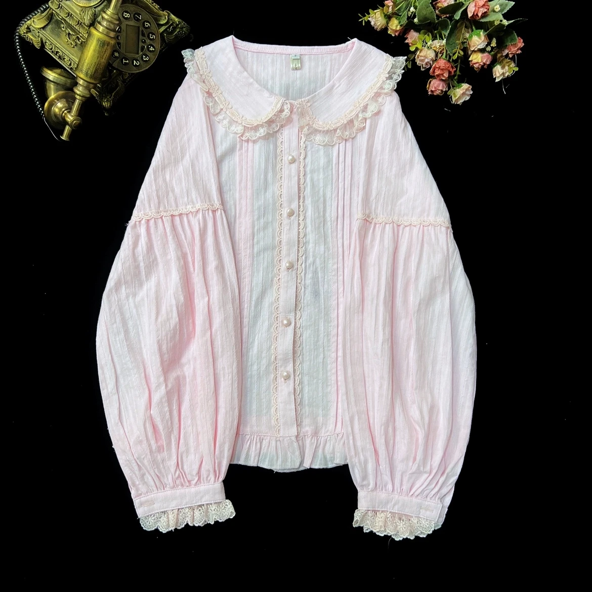 ピーターパンカラー長袖スイートロリータブラウス レディース キュートレースボウシャツ カワイイガール コットンコスプレカジュアルロリータ服 90年代