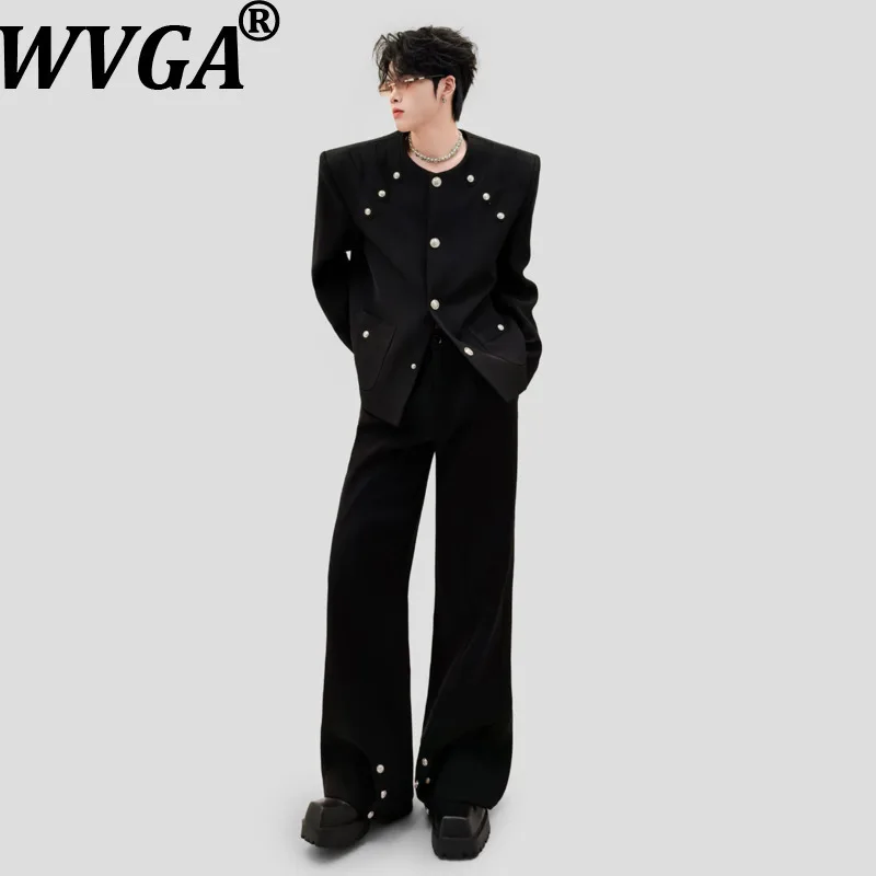 WVGA Spring Autumn New Men Button Decorated Trendy O-Neck Coats Niche Chic Casual Slightly Flared Pants Two-Piece Set Ins W27183