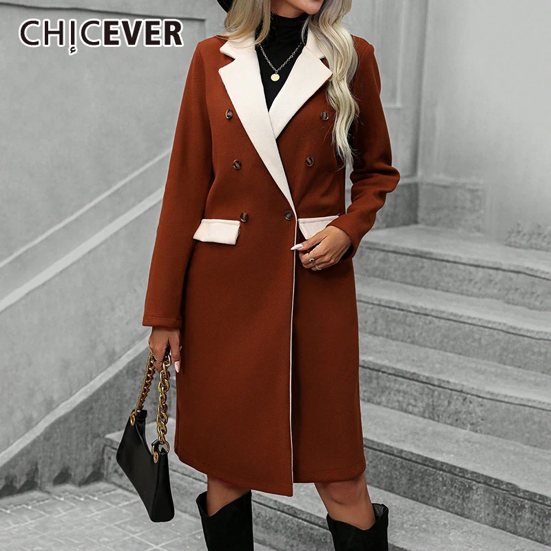 CHICEVER Fashion Hit Color Long Woolen Coat For Women Lapel Long Sleeve Patchwork Double Breasted Temperament Casual Coat Female