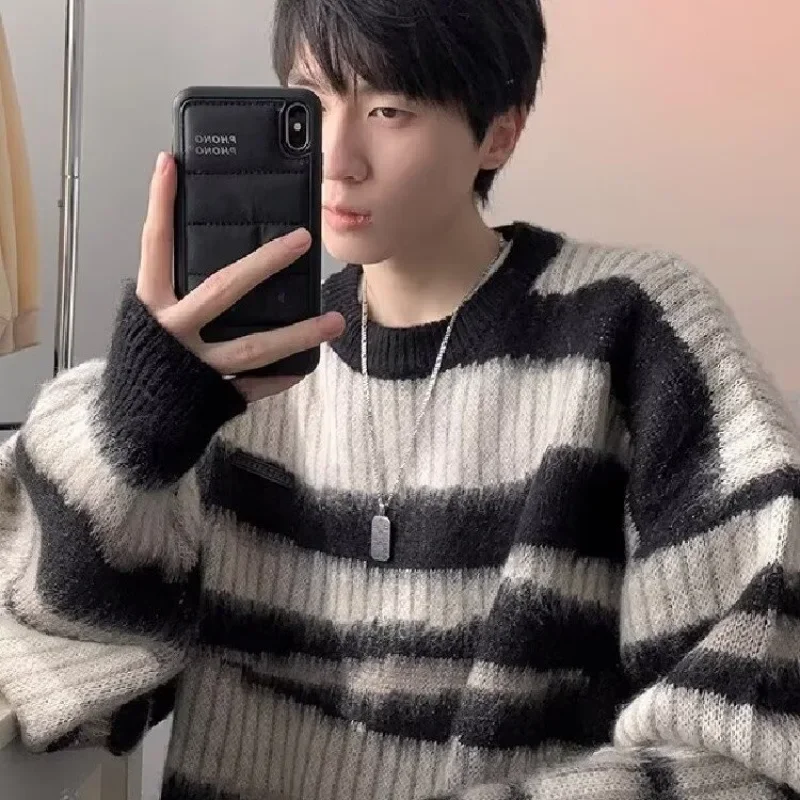 Cross-Border Color Blocking Striped Angora Sweater For Men Vintage American Style Knitted Top Loose-Fit Round Neck Inner