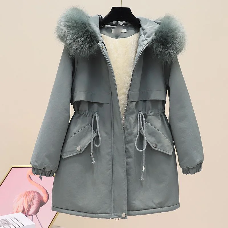 新しい女性パーカー女性の冬のジャケットコートミッドレングスぬいぐるみ厚いフード付き作業服綿パッド入りジャケット女性の上着