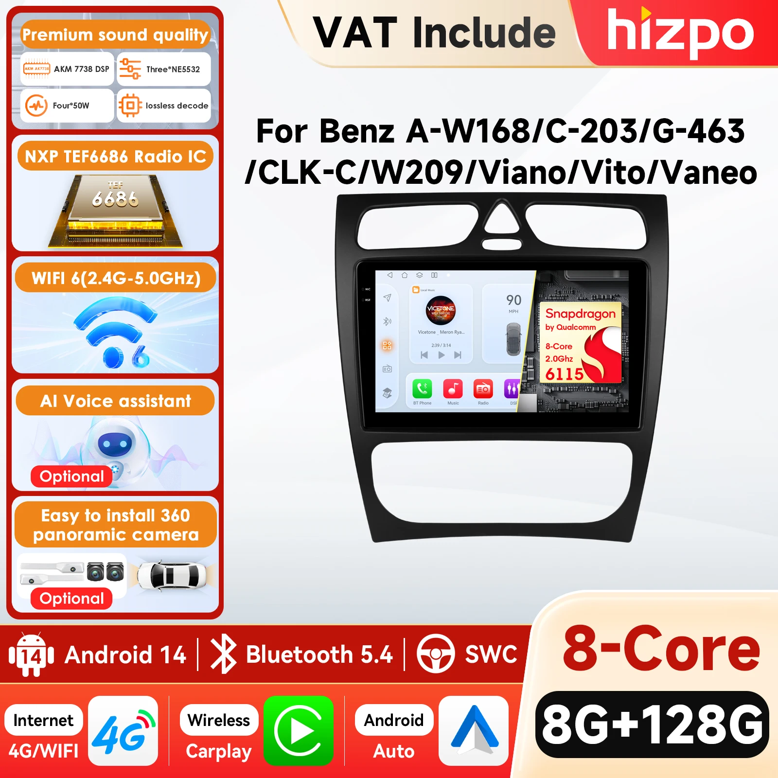 Radio para Auto Hizpo de 9 Pulgadas con 4G RAM y Android para Mercedes Benz CLK W209 C209 W168 W203 W463 Vito Viano 1998-2006, Carplay, GPS, Estéreo, WIFI