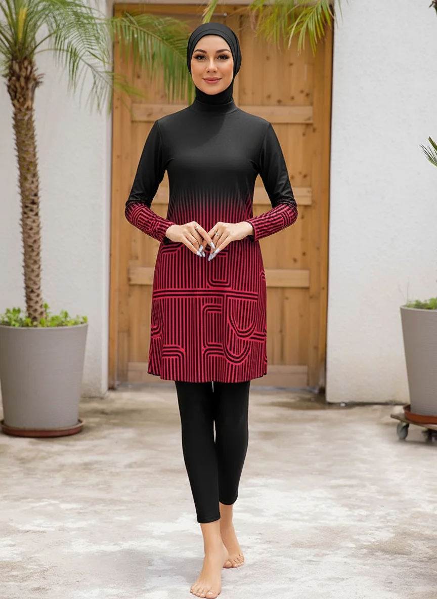 3PCS Muslim Women Swimwear Full Cover Burkini Hijab Tops Pants Stripes Set Islamic Modest Swimming Beachwear Bathing Suit