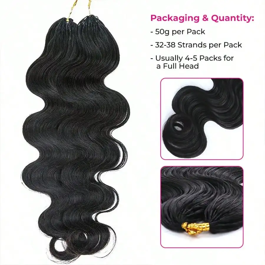 Smilegirl Body Wave Feather Crochet Human Hair Extension Syntheti Pre Separated Knotless Crochet Hair 5Packs Micro Bundles With Loop for Women 22Inch 50Strands #1B - view 3