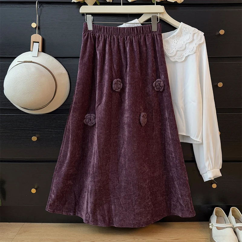 

Korean-style High-grade Half Skirt Floral Decorative Leisure Velvet Skirts for Women 2025 Autumn Fashion High-waisted Skirt