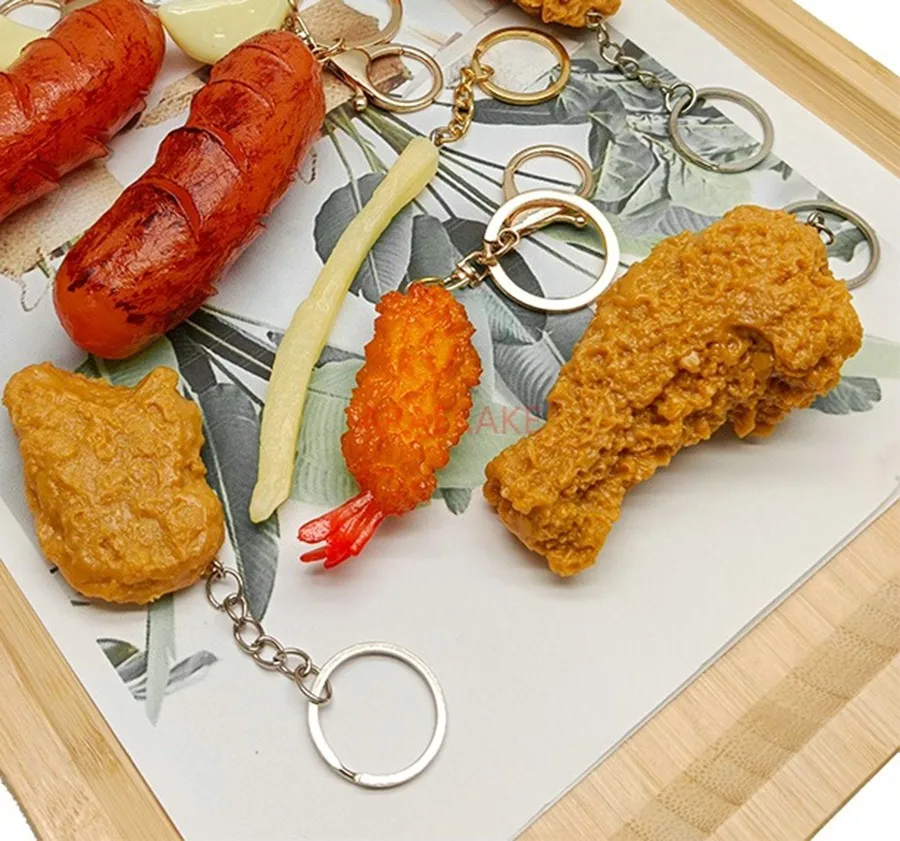 1 Stück simulierte gebratene Hähnchensc henkel, Hühner flügel, Pommes Frites Anhänger, gebratenes Hühnchen kotelett, gebratene Garnelen, Lebensmittel Schlüssel bund