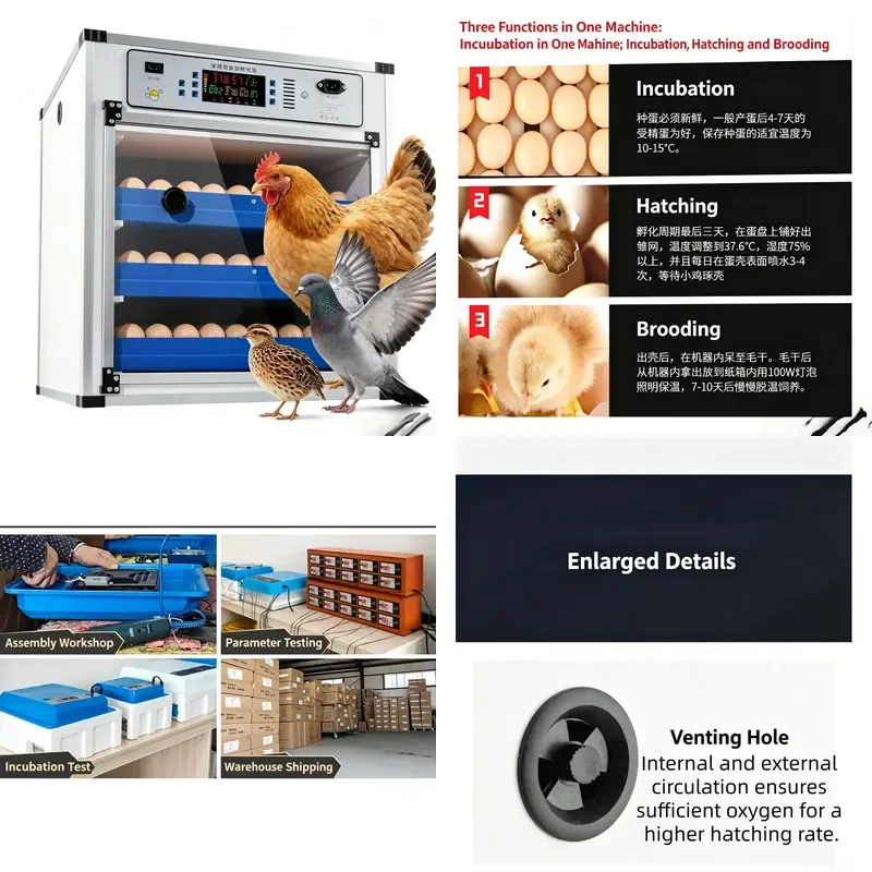 New Dual Power Solar Egg Incubator 204 Eggs Capacity for Chicken Duck Turkey Ostrich Hatching Machine Automatic Temperature