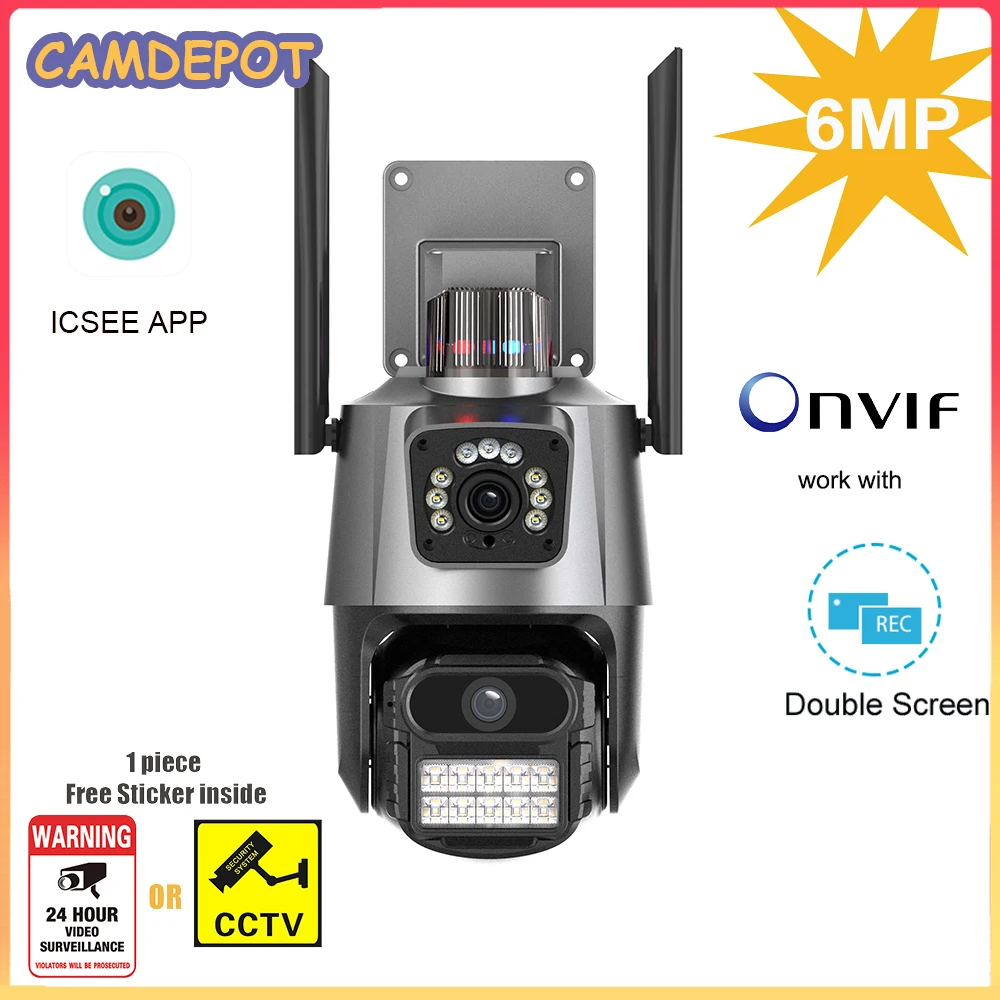 

6MP Dual Screen 8X Optica Zoom IP Camera Two Lens Color Night Vision Two Way Audio WiFi Camera IP66 Motion Track Onvif ICSEE