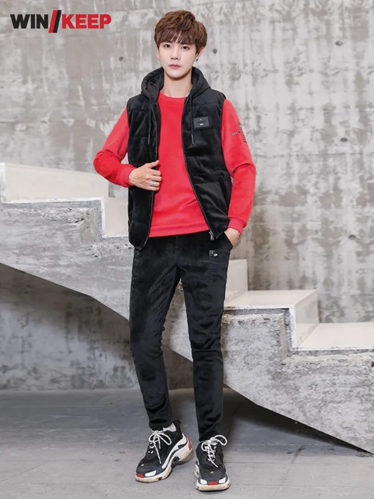 

New Winter Mens Thicken Warm Velvet Running Tracksuit Hooded Vest Fleece Lining Sweatshirt Pants Men Sportswear Three Piece Set
