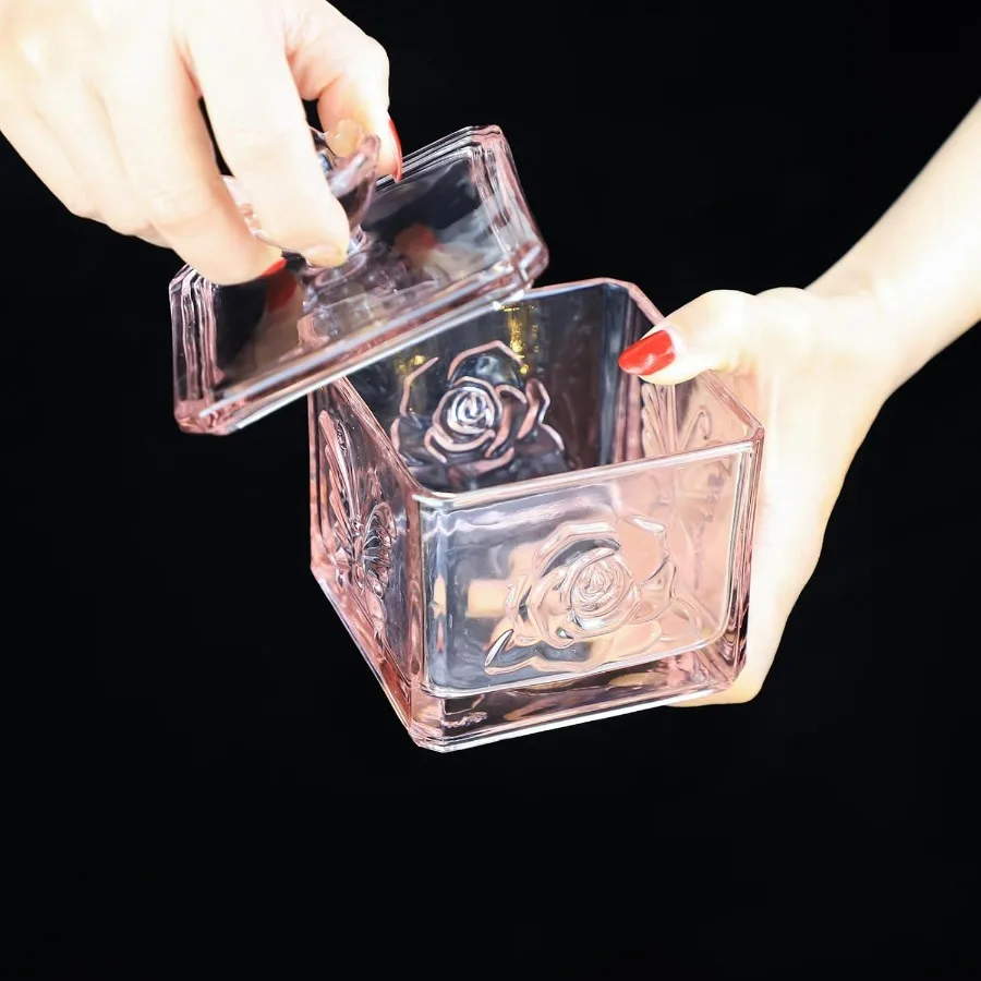 جرة حلوى زجاجية منقوشة بالورود والفراشات، جرة طعام من الزجاج الملون مع غطاء