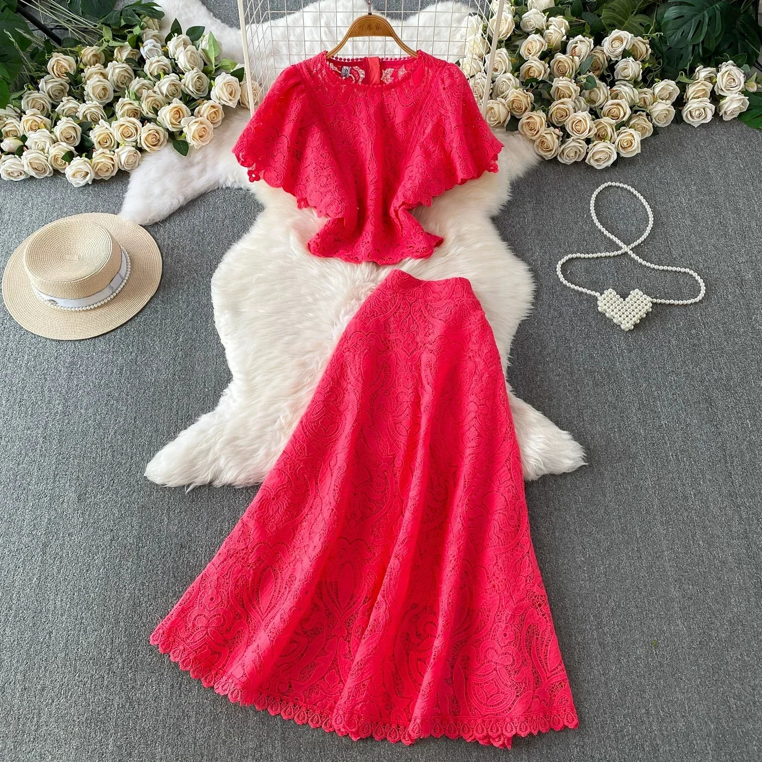 ZAMOR Elegant Crochet Lace Two Piece Set Women Ruffle Cap Sleeve Blouse High Waist A-Line Maxi Skirt Vintage Boho Holiday Out