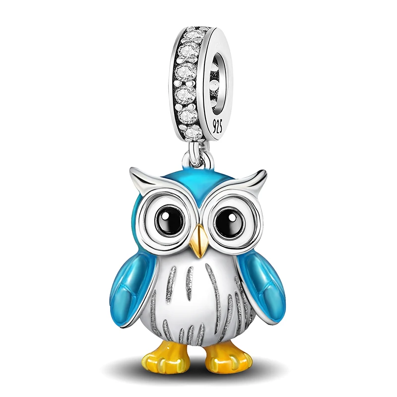 

925 Sterling Silver Blue Owl Girl Moon Star Sunflower Bird Charms Beads Fit Original Pan Bracelets Bangles Fine Jewelry Gift