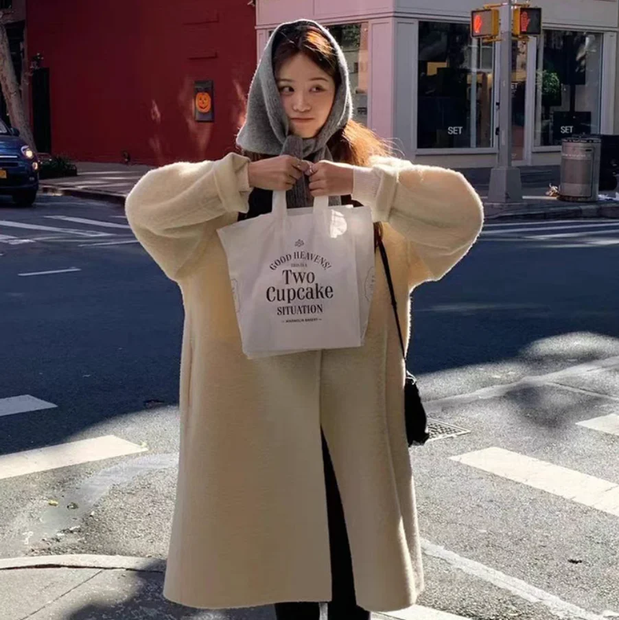 معطف صوف نسائي طويل فضفاض بلون واحد مع ياقة نحيفة للخريف والشتاء بأكمام طويلة #5