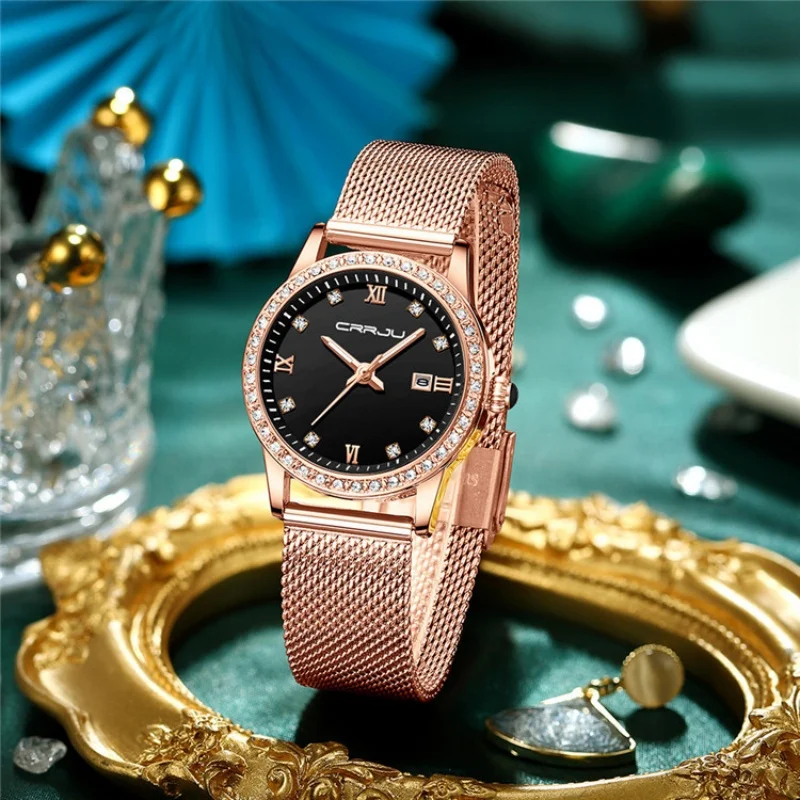 CRRJU 2186 Fashion Ladies Quartz Watch Diamond Dial Stainless Steel Waterproof Calendar Casual Rose Gold Women's Watches