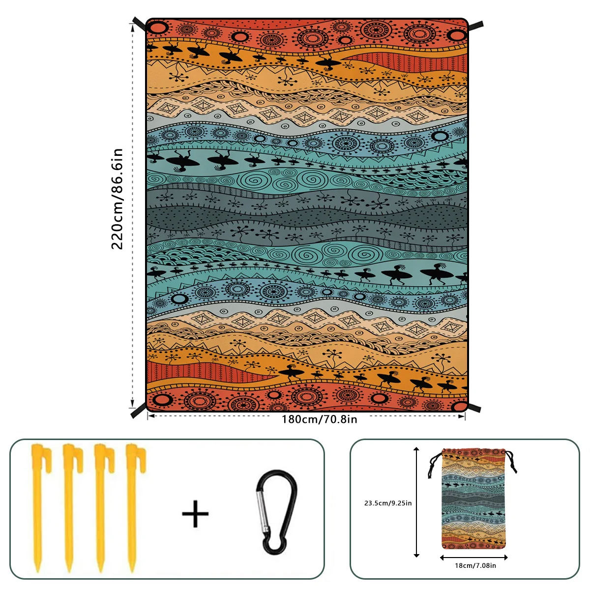 Boho Beach Mat Waterproof Sand Proof Outdoor Lightweight Large Beach Mat with 4 Stakes Picnic Blanket for Travel Swim Camping
