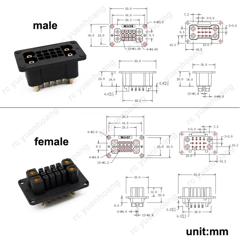 2 Pary Wysokoprądowych Złączy 90A 4+12 Wtyk Kontrolera Pozłacana Miedź do Modelu Samolotu RC Akumulator/Gniazdo Zasilania