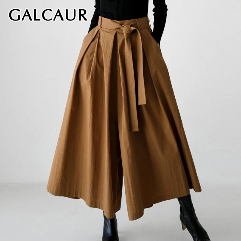 

GALCAUR Casual Ruched Solid Trousers For Women High Waist A Line Patchwork Lace Up Loose Wide Leg Pants Female Fashion Style New