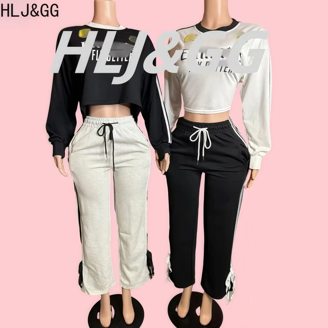 

HLJ&GG American Vintage Fashion Streetwear Women Letter Print Long Sleeve Top + Stripe Pants Two Piece Sets Fashion Y2K Clothing