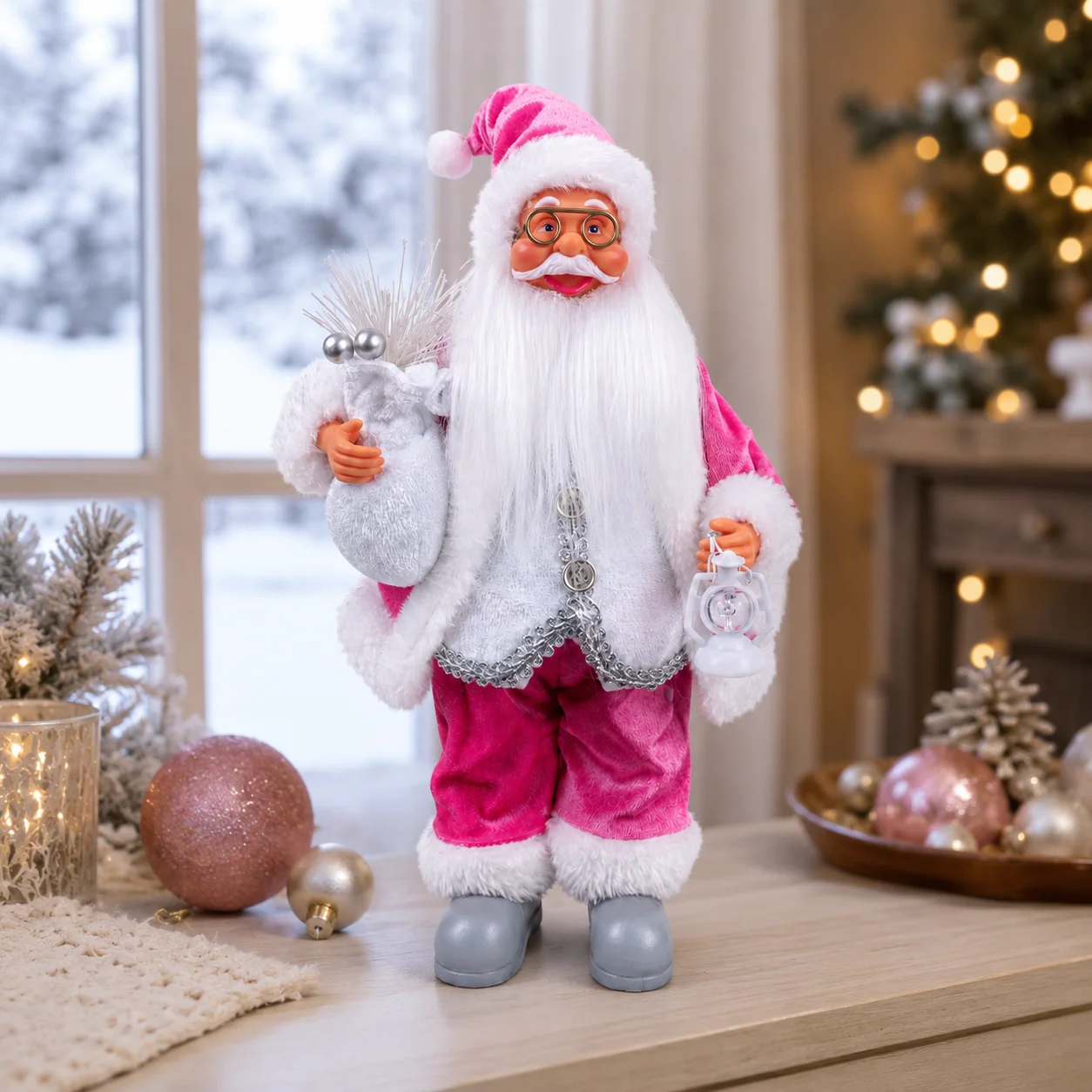30cm Standing Santa Claus Pink Outfit Figurine with Lantern Gift Sack Silver Detail Xmas Home Table Decoration