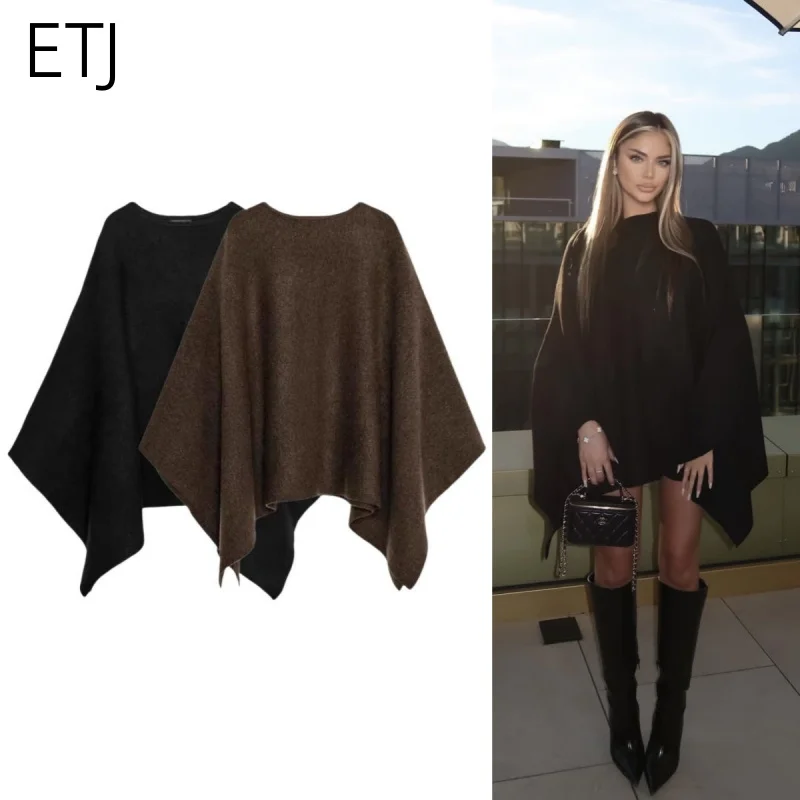 ETJ 2025 women's new fashion oversized loose version of the round neck cape sweater solid color bat sleeve sweater