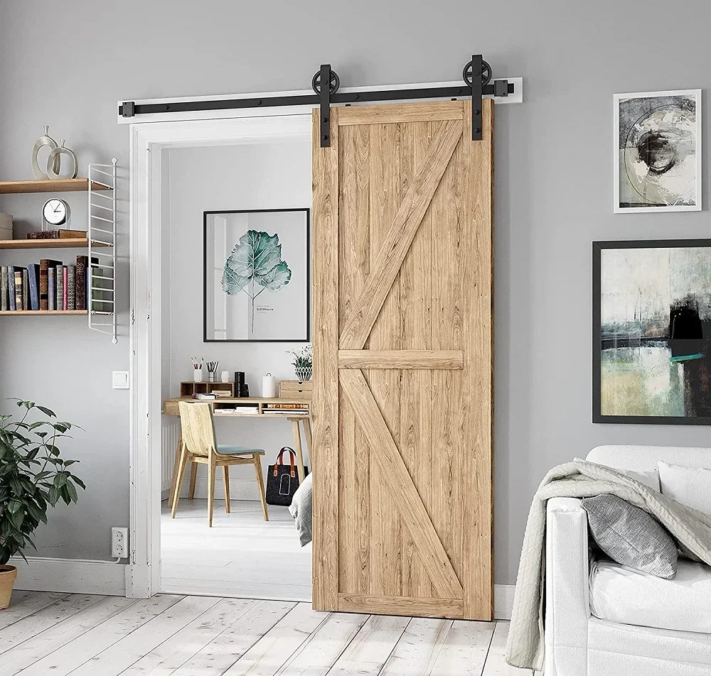 4FT-9.6FT Classic Rail Sliding Barn Door Big Wheels Black Wheel Track System for Single Door