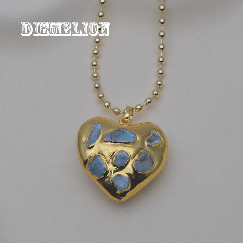 1Pc Big Size Natural Blue Larimar Heart Shaped Pendant Necklace for Women 18K Gold Plated Stone Charms