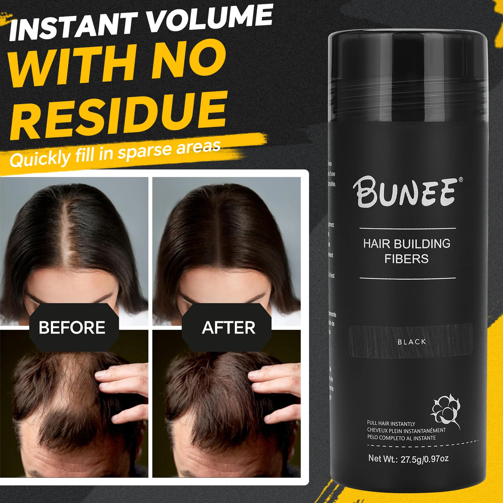 BUNEE Natural Hair-thickening Fibers Keratin Styling Powder Loss Bald Fibre Pack for Balding Areas Fills Part Lines 27.5g