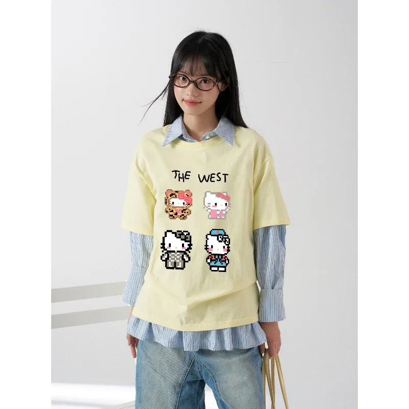 

Новая футболка с короткими рукавами с 3D принтом Pixel Hello Kitty для пар, универсальная, свободная, дышащая, быстросохнущая, модная