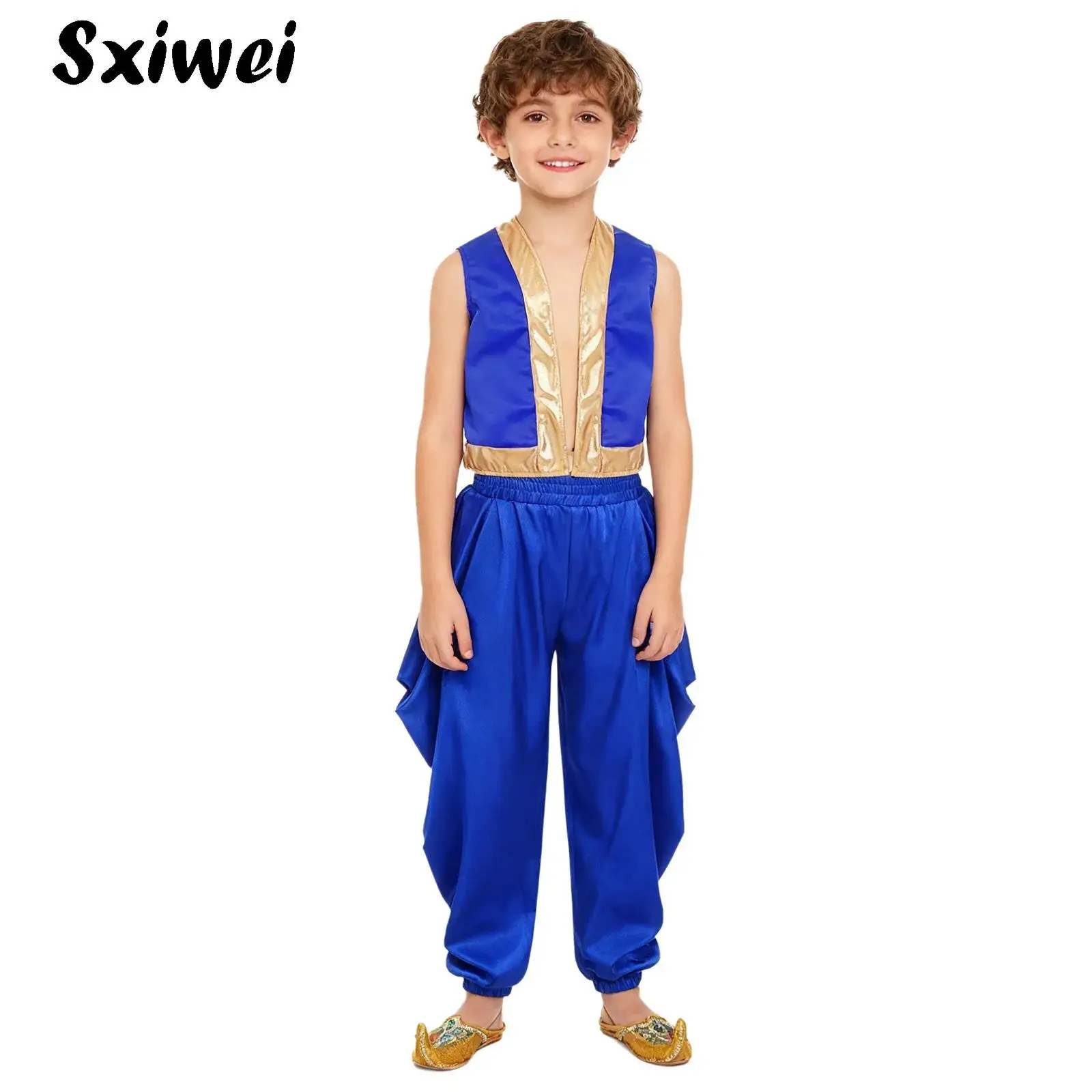 Boys Arabian Prince Cosplay Costume Outfits Loose Vest with Satin Dhoti Pants Loose Baggy Trousers Halloween Carnivals Dress Up