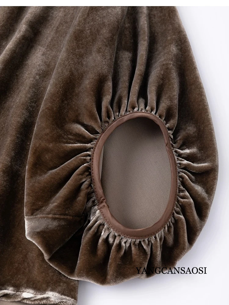 Women's Fashion Clothing Advanced Tea Brown 30% Natural Mulberry Silk Velvet V-neck Raglan Sleeves Loose Pearl Button Shirt