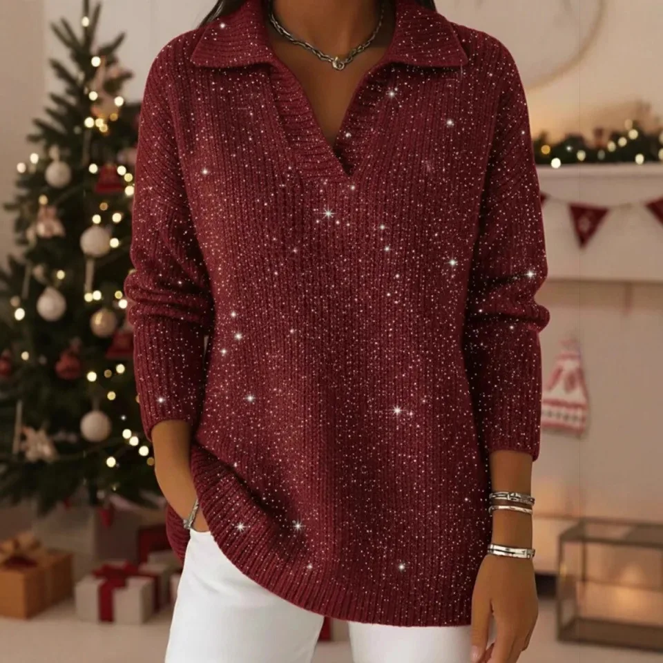 

Блестящие женские свитера 2026: Новые вязаные топы с длинным рукавом и отложным воротником, однотонные