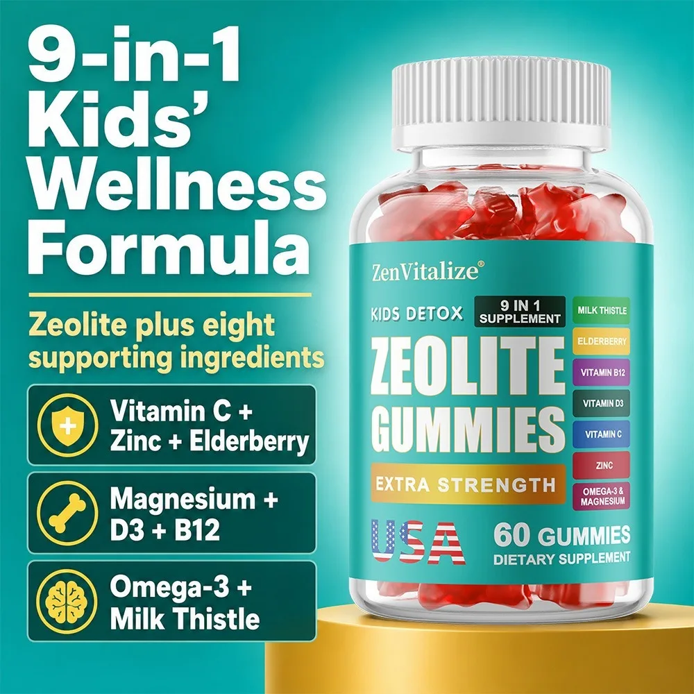 Zeolite Kids Gummies, with Omega-3, Elderberry, Vitamin C, Vitamin D3, Zinc, B12, for Energy, Focus, Digestive, Immune