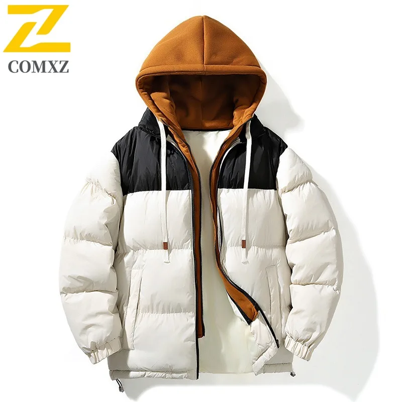 

COMXZ Men Padded Jacket Hooded Outdoor Climbing Wind Resistant Warm Parka Fake Two Piece Design Journey Light Winter Clothing