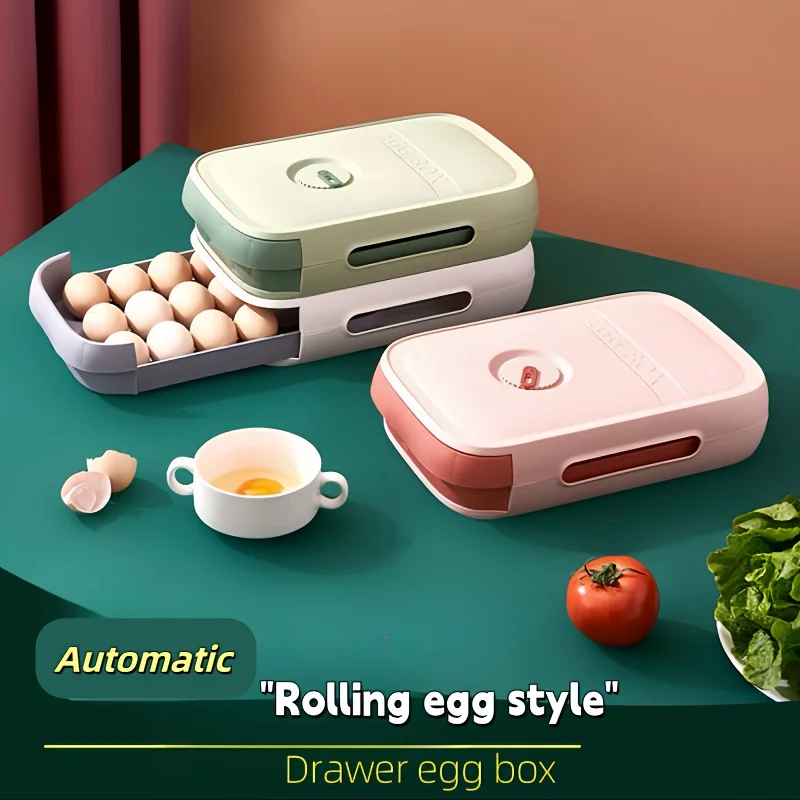 Automatic Rolling Egg  Box with Stackable Drawer Design - Large Capacity Egg Organizer Container, Holds 18-21 Eggs Per Layer for