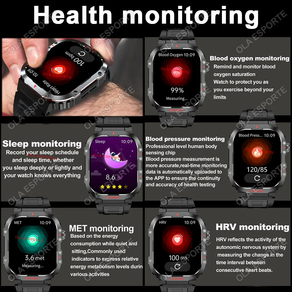 الجديد في ساعة ذكية GPS للرجال والنساء، مصباح يدوي عسكري Amoled مقاوم للماء، رياضي خارجي، بلوتوث، مكالمة ذكية، سوار ذكي