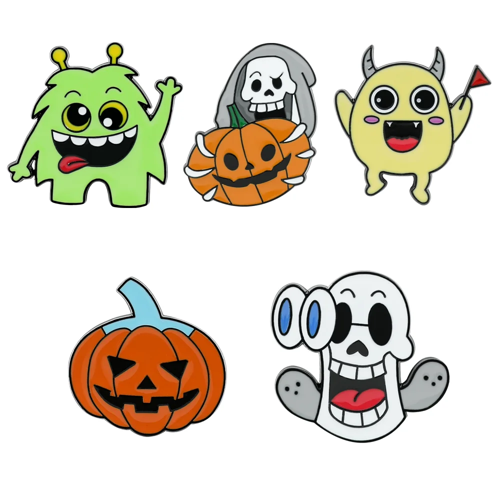 Kawaii Skeleton Pumpkin Enamel Pin Cute Cartoon Monster Metal Badge Brooch Jacket Jeans Lapel Pin Halloween Jewelry Accessories