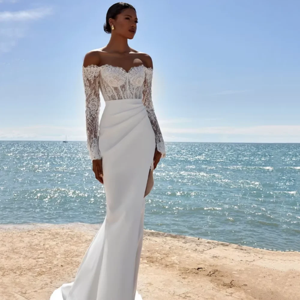 カスタマイズされたボヘミアンレースのウェディングドレス、マーメイドオフショルダー、スプリット、花嫁用ローブ、スイートハート、ブライダルガウン、ベスティドス・デ・ノイバ