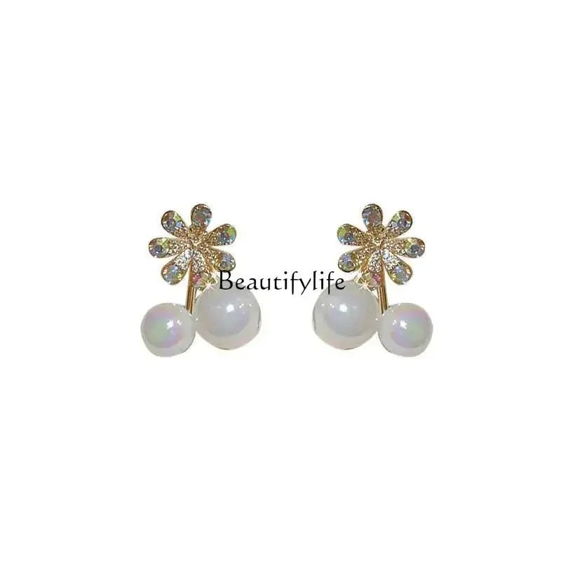 Electroplated Pearl Diamond Flower Earrings, High-End Fashion, All-Match, Luxury, Light