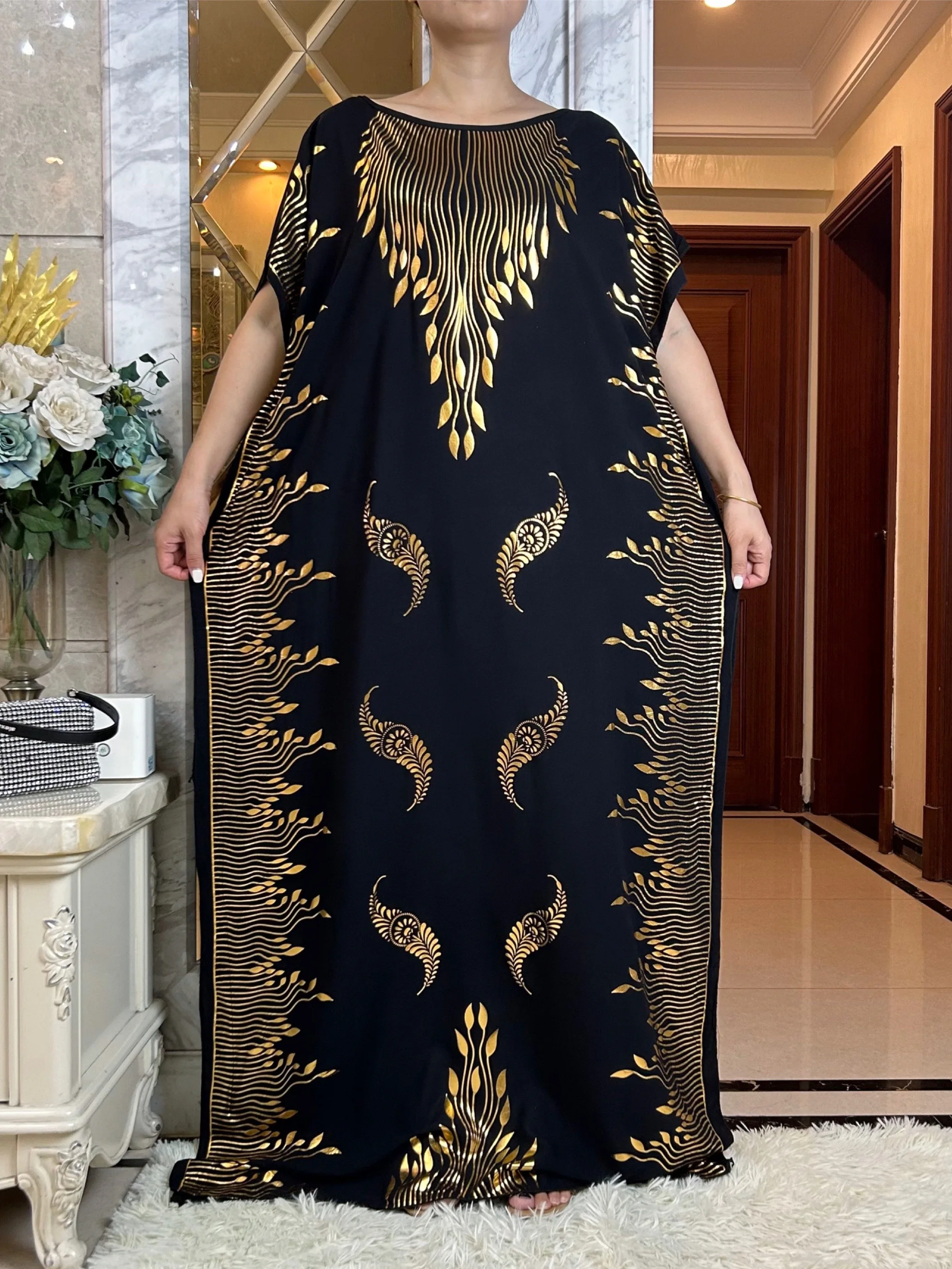 2023 Summer Short Sleeve Dress Cotton Gold Stamping  Boubou Maxi Islam Women Femme Dress With Big Scarf African Loose  Clothes