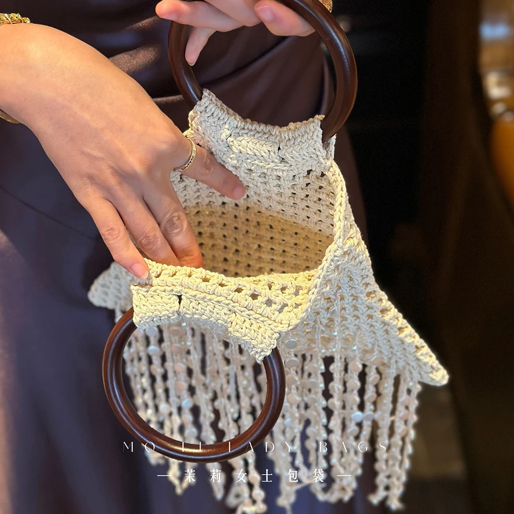 Round Handle Women Handbag Beaded Tassel Clutch Bohemian Rope Crochet Beach Bags for Women Evening Bag NEW Wedding Mesh Purses