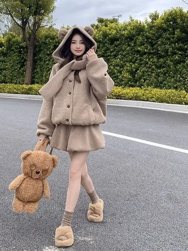 

Lush Sheepskin Fleece Hooded Jacket And High Waist Short Skirt Bear Set Soft Thickened Autumn Winter Outfit Casual Fashion