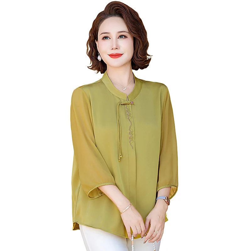 Summer Solid Color Shirt Plus Size Elegant Chinese Knot Round Neck T-shirt Middle-aged Women Summer Short Sleeved Shirt - view 4